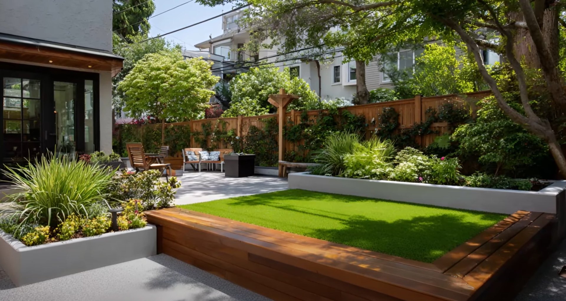 Contemporary Landscape Design and Installation Modern landscape design featuring artificial turf, contemporary hardscaping, raised planters, and outdoor living space